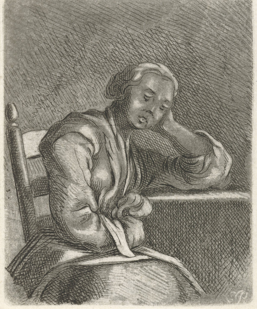 Detail of Girl asleep at the table by Caspar Jacobsz. Philips
