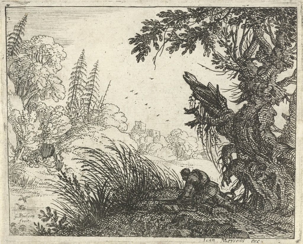 Detail of Landscape with hunter by Joannes Meyssens