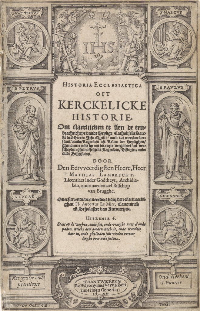 Detail of Architectural title with medallions in the corners with the four evangelists and their symbols, and in the middle of the Saints Peter and Paul by W. de Oostrum