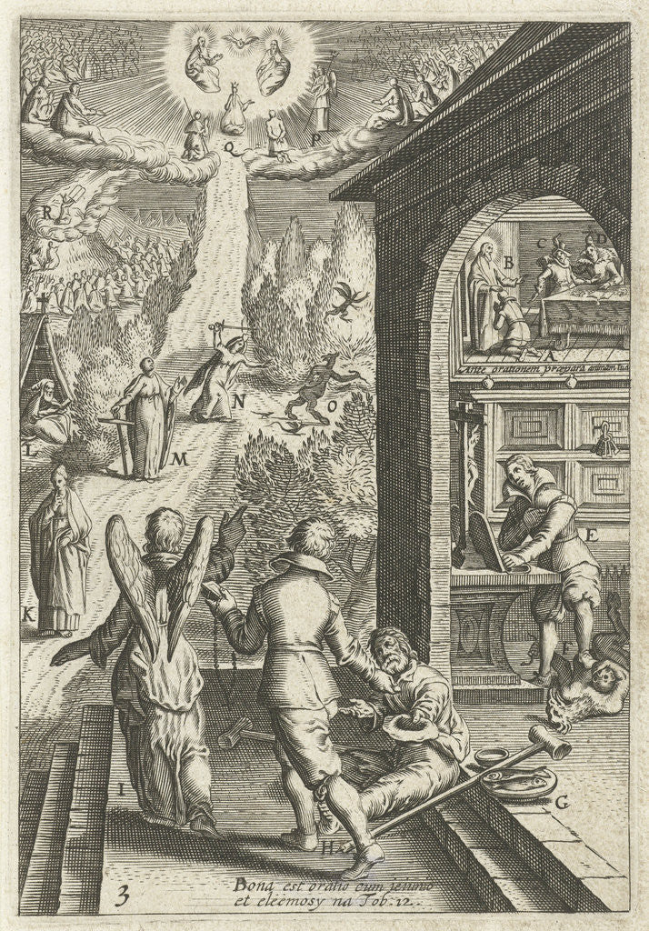 Detail of Emblem with man prepares himself with good deeds in a prayer to God by Hendrik Aertssens