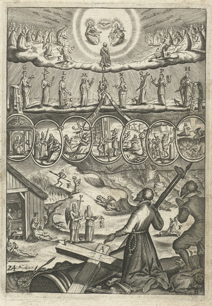 Detail of Emblem with priest and man praying to God and the saints with their request to be allowed to live in virtue by Hendrik Aertssens