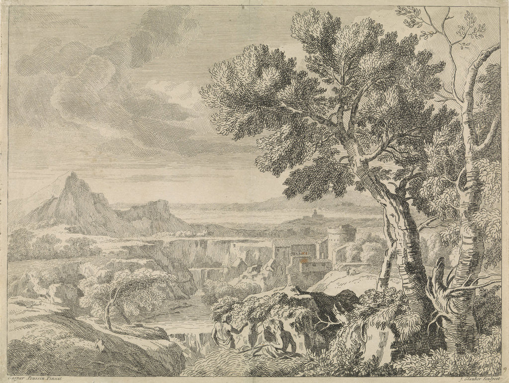 Detail of Landscape with canyon and waterfall by Gaspard Dughet