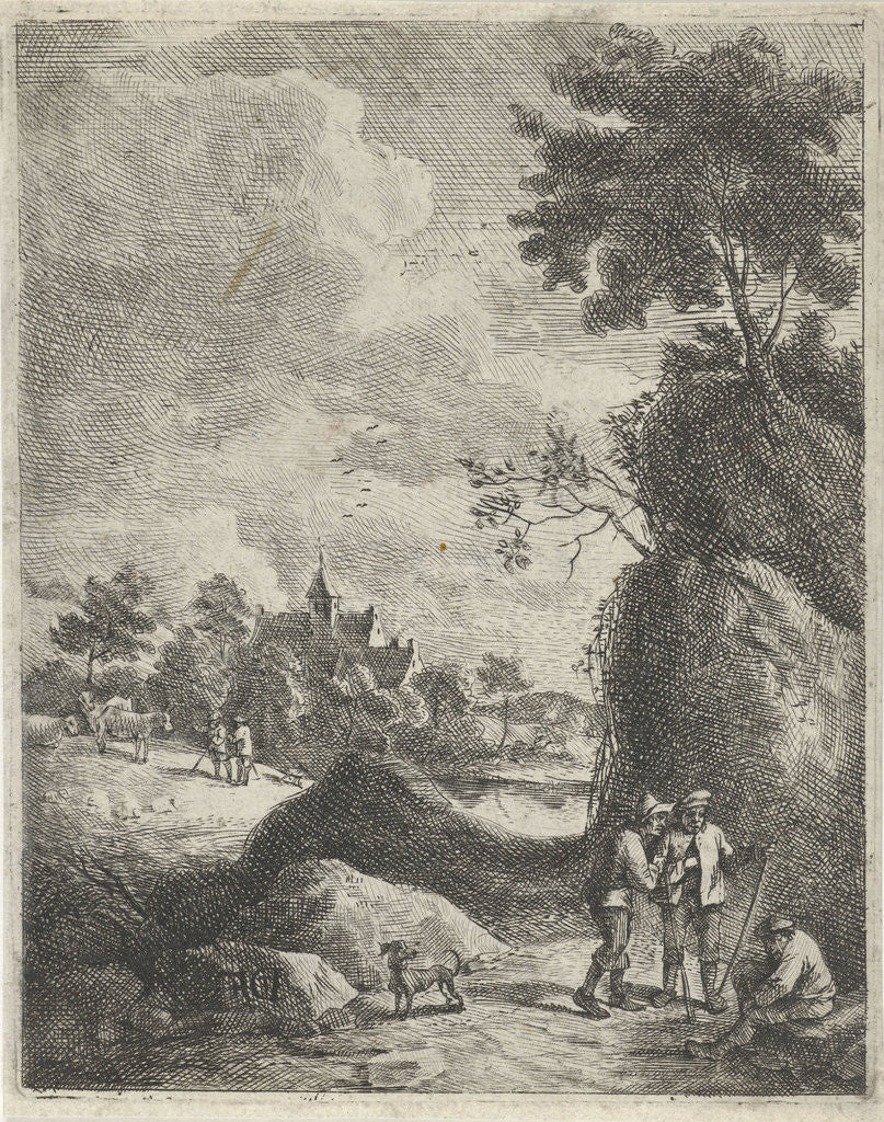 Detail of Near a rocky road, three travelers are in conversation, two shepherds graze their cattle, the steeple of the village by Jan Lauwryn Krafft I