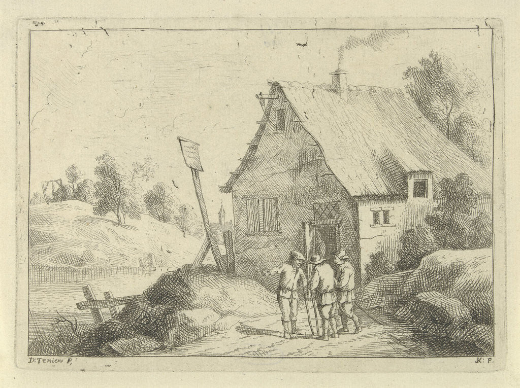 Detail of In a hilly landscape are three men talking, from the doorway is a figure, on the hill across the river a figure hanging from a gallows by Jan Lauwryn Krafft I