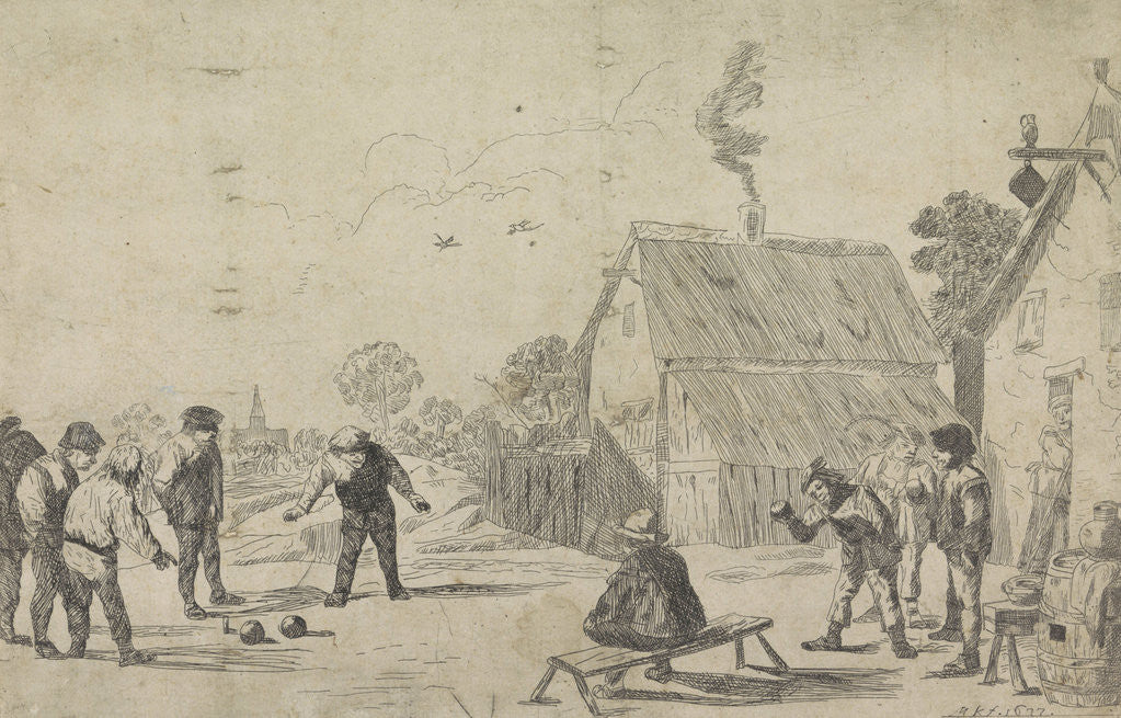 Detail of Near an inn farmers play boules, man watches from a bench by Monogrammist MK