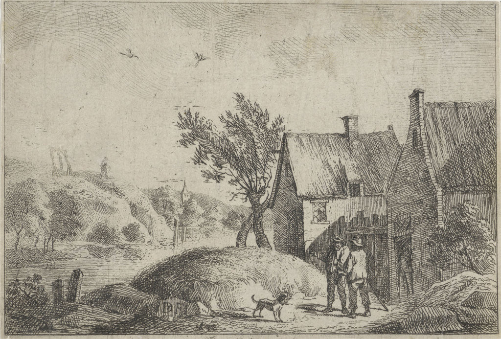 Detail of Right two houses in a landscape, two men and a dog, on the hill a gallows with a hanged man by Jan Lauwryn Krafft I