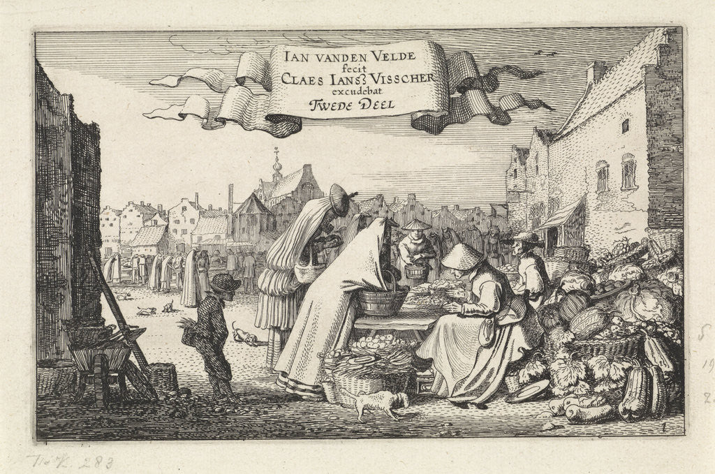 Detail of Figures at a vegetable stall at a market by Jan van de Velde II