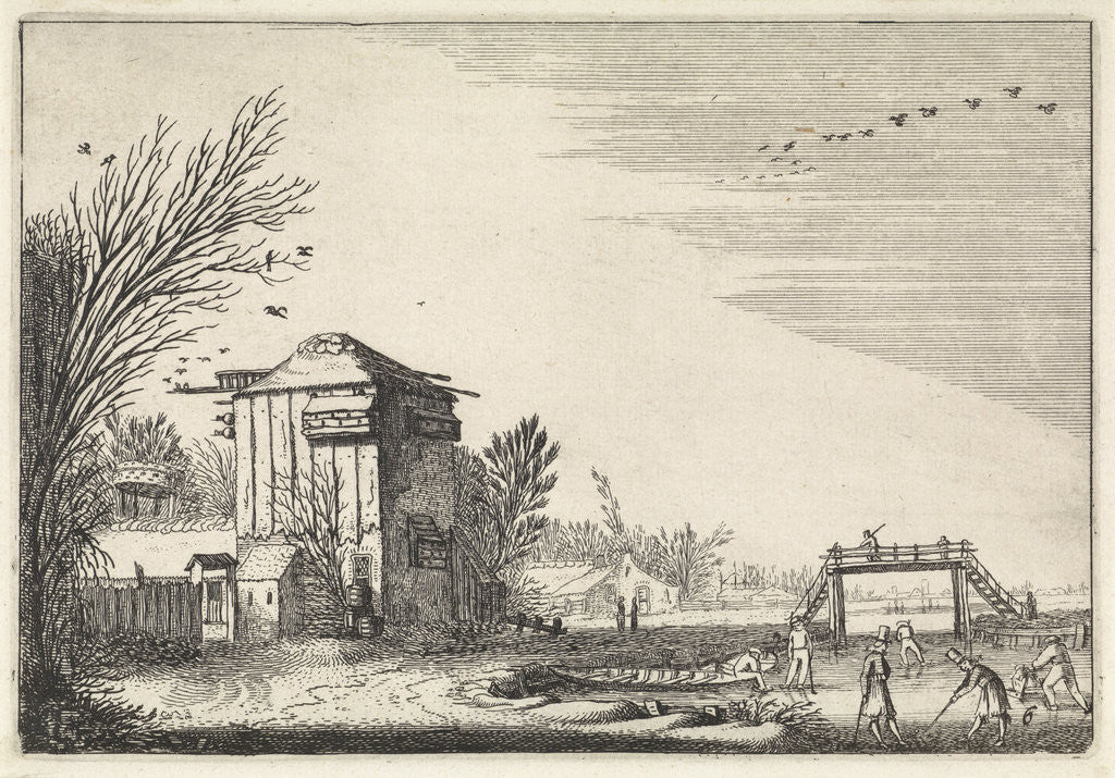 Detail of Flask players on the ice at a dovecote by Jan van de Velde II