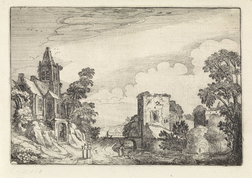 Detail of Tower and a church in a landscape by Jan van de Velde II