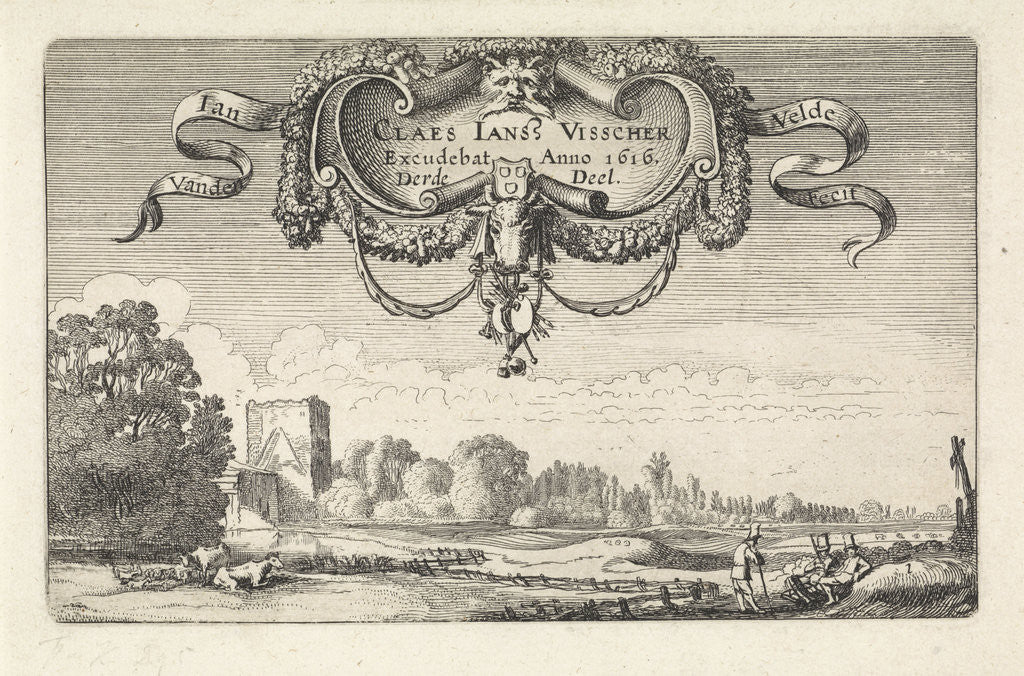 Detail of Resting figures in a landscape with cows and a tower by Claes Jansz. Visscher II