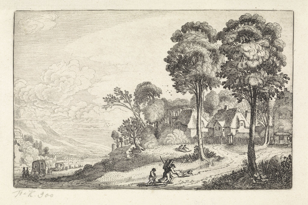 Detail of Travellers on a path to a village by Jan van de Velde II