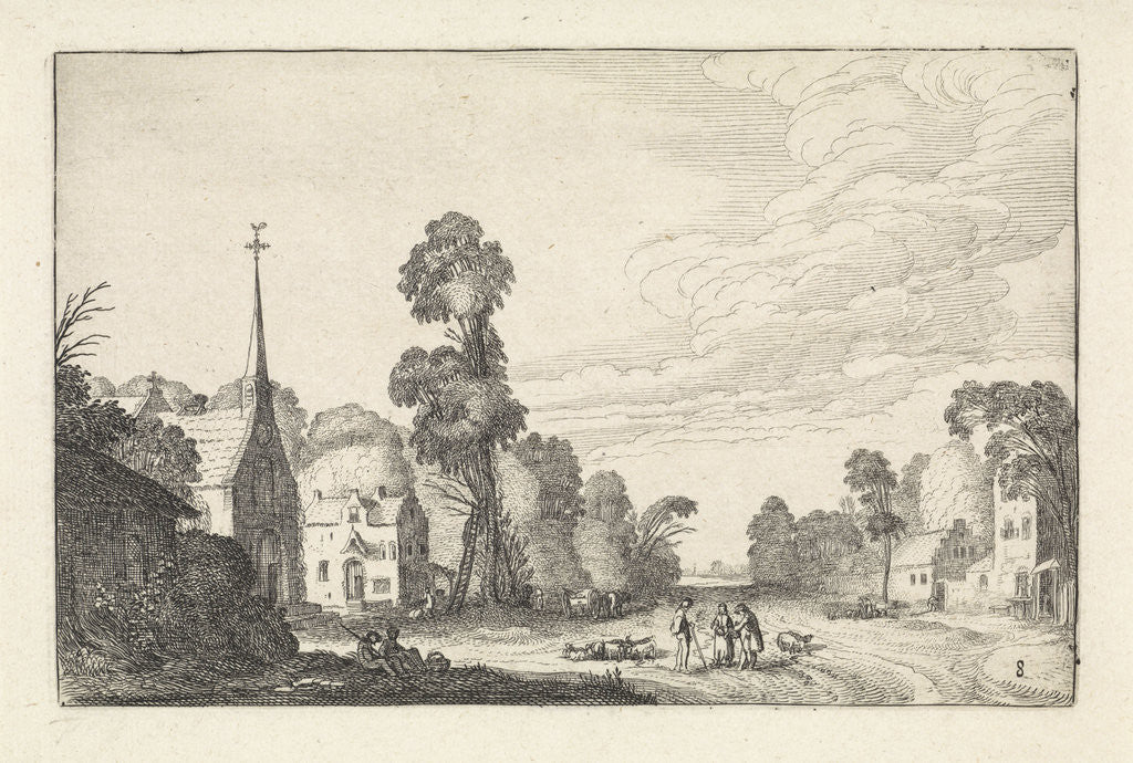 Detail of Figures on a road between the houses of a village, church and two seated figures by Jan van de Velde II