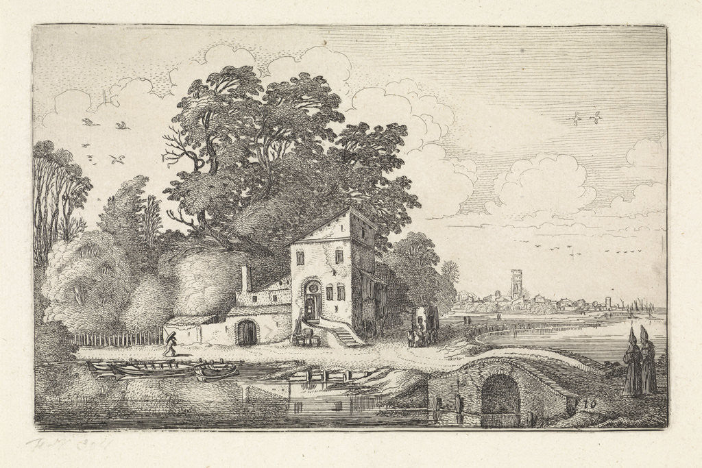 Detail of House by a stone bridge into a river landscape by Jan van de Velde II