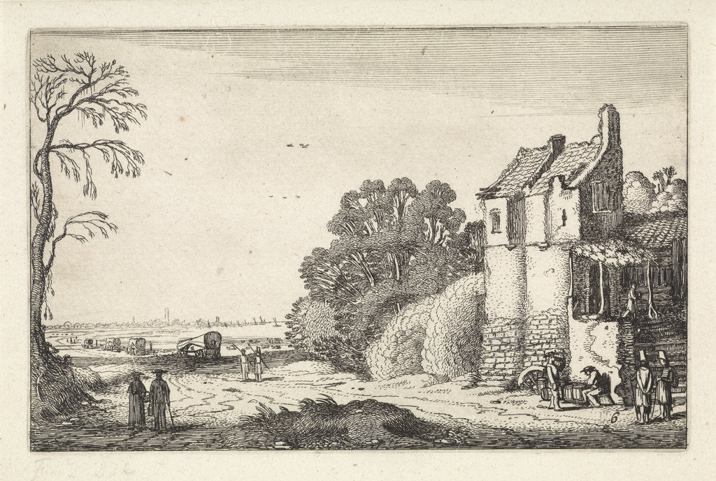 Detail of Figures at a house and covered wagons on a country road by Jan van de Velde II