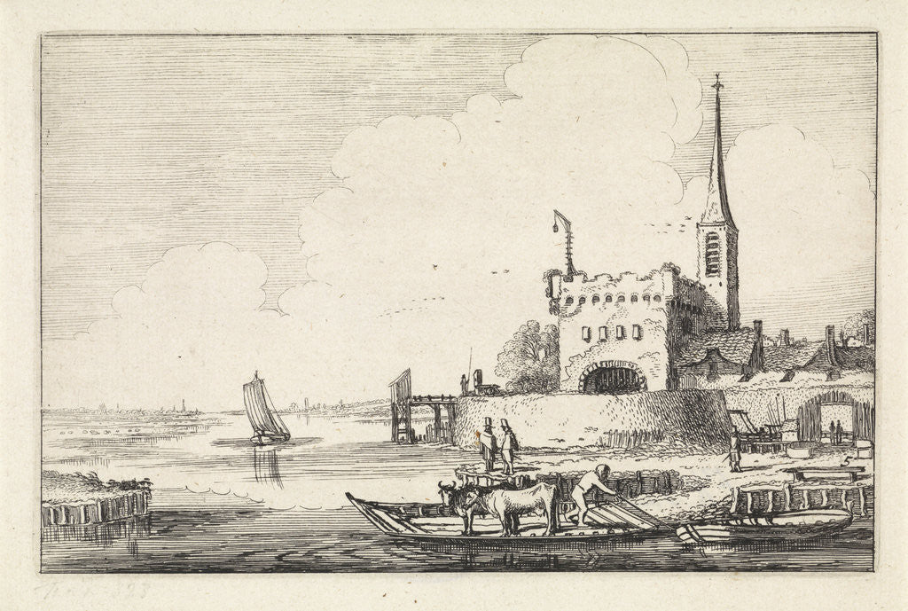 Detail of Pont with cattle at a fort in a river landscape by Jan van de Velde II