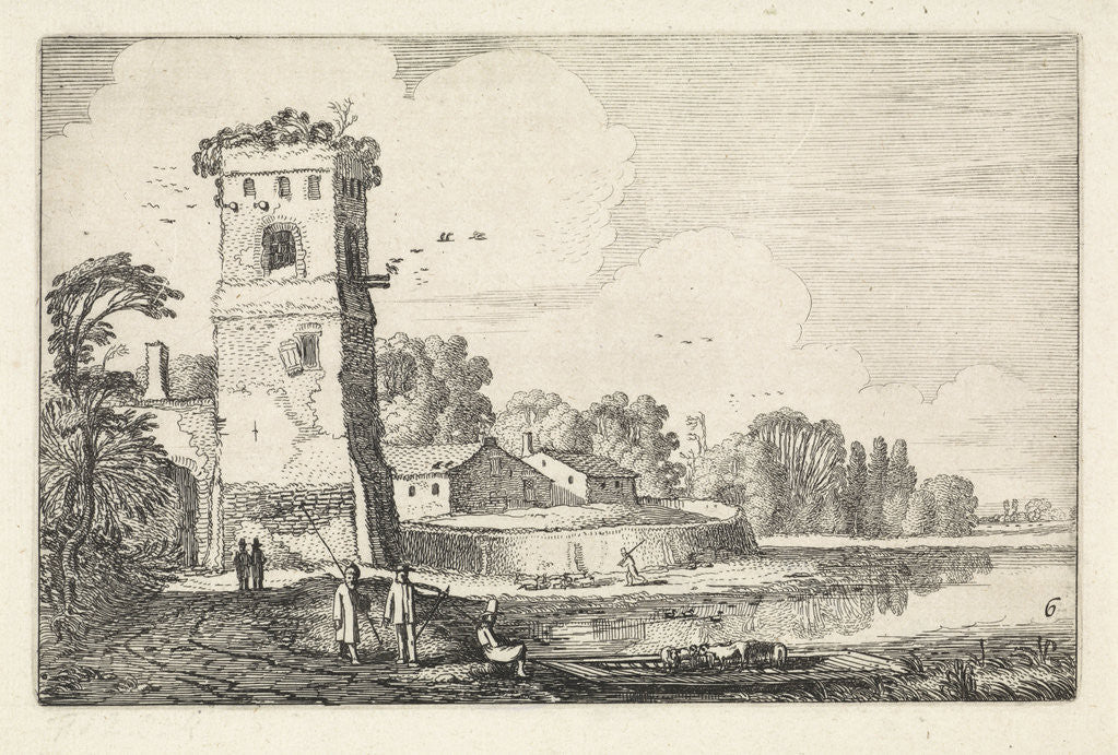 Detail of Pont with sheep in a tower in a river landscape by Jan van de Velde II
