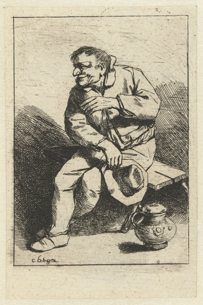 Detail of Seated man with hat in hand, jug on the floor by Cornelis Pietersz. Bega