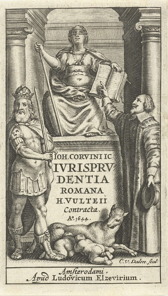 Detail of Justice enthroned on base between mental and emperor, Romulus and Remus suckled by the wolf by Lowijs Elzevier III