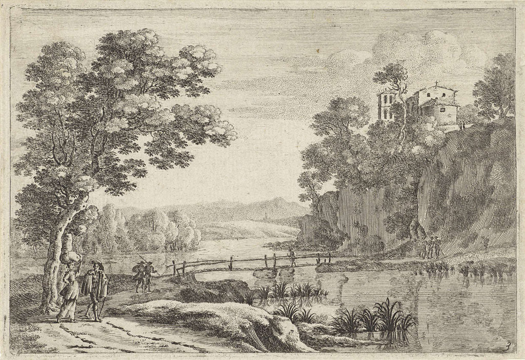 Detail of Landscape with wooden bridge by Herman van Swanevelt