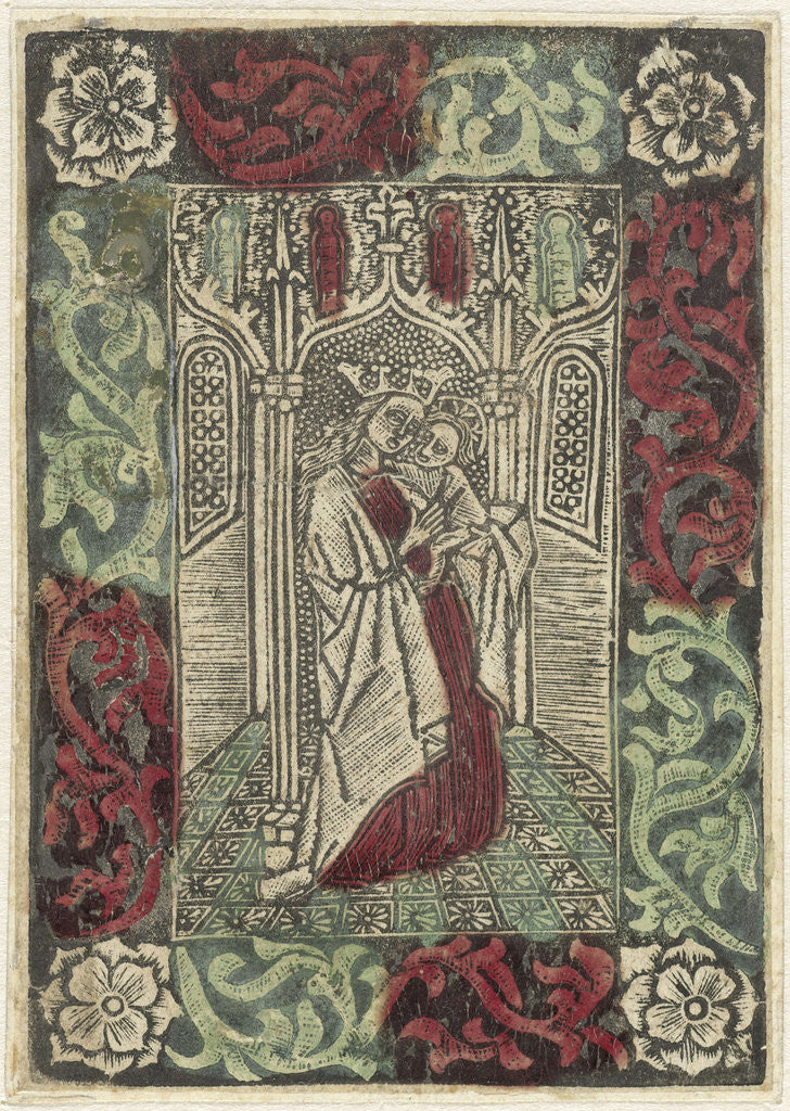 Detail of Mary with Child standing in front of Gothic architecture in rectangular frame with decoration of leaf motifs by Anonymous