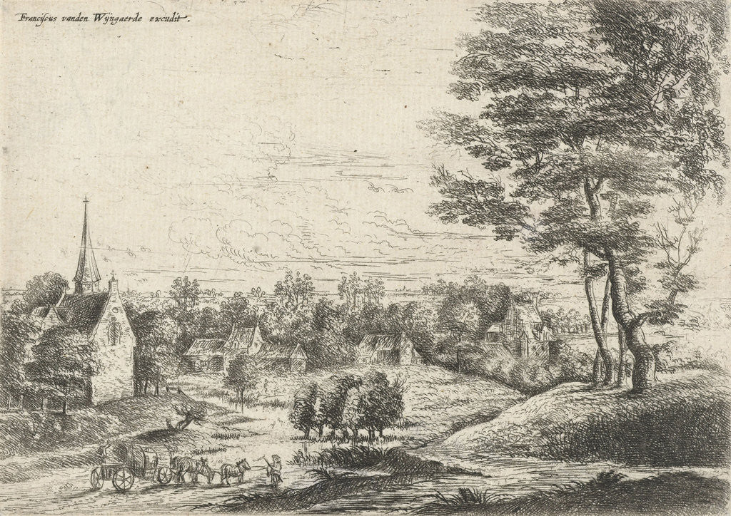 Detail of View of a village with a covered wagon by Lucas van Uden