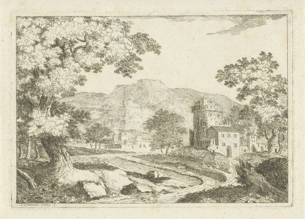 Detail of River landscape with houses and towers by Jean Joseph Hanson