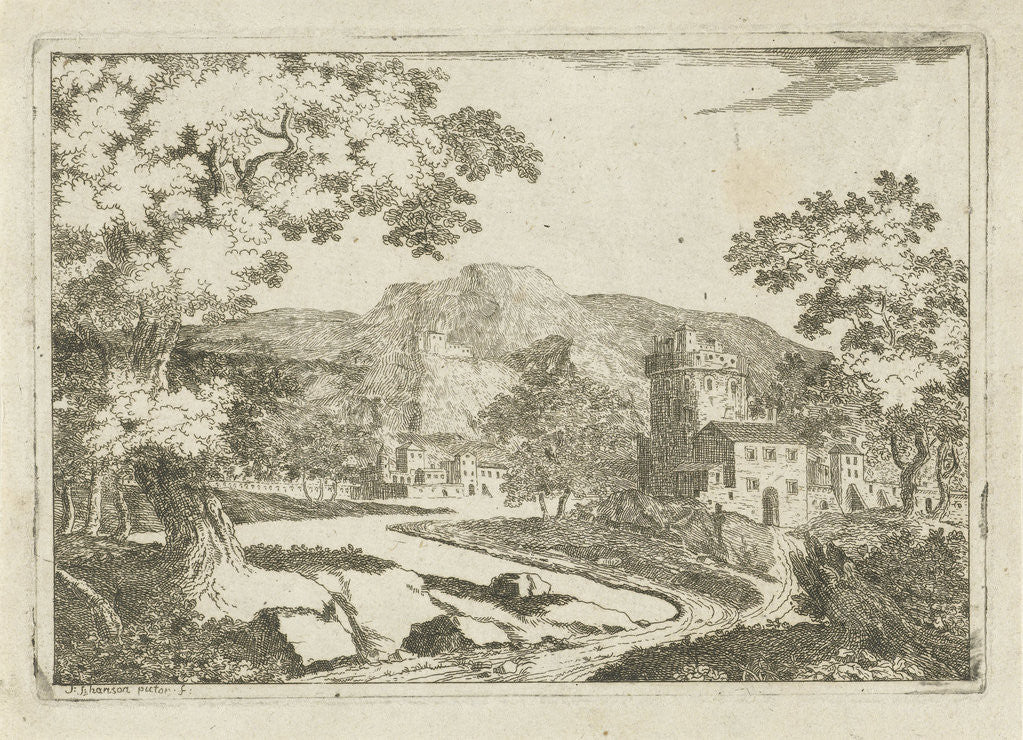 Detail of River landscape with houses and towers by Jean Joseph Hanson