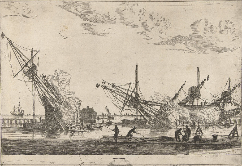 Detail of Behind a breakwater are three keeled flute ships by Reinier Nooms