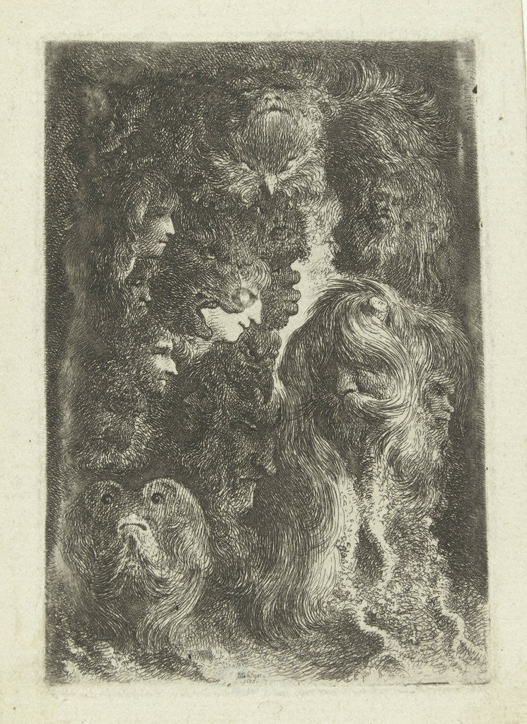 Detail of Fourteen different heads of men, women, animals and mascarons by Bartholomeus Breenbergh