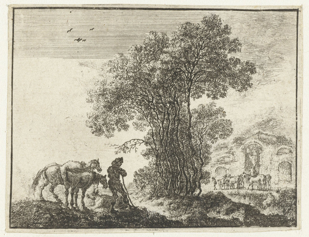 Detail of A man stands with two horses near a grove of trees by Gilles Neyts