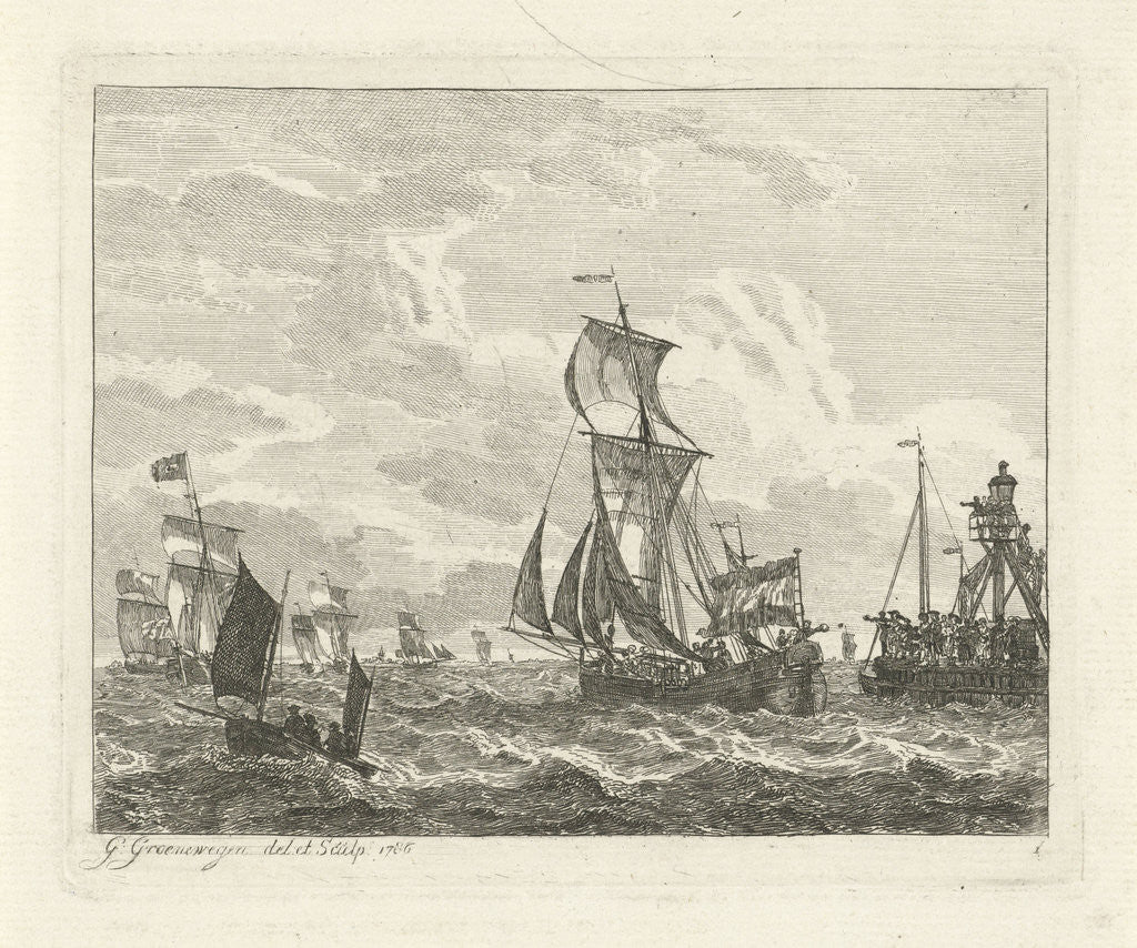 Detail of Sailing ships at sea by Gerrit Groenewegen