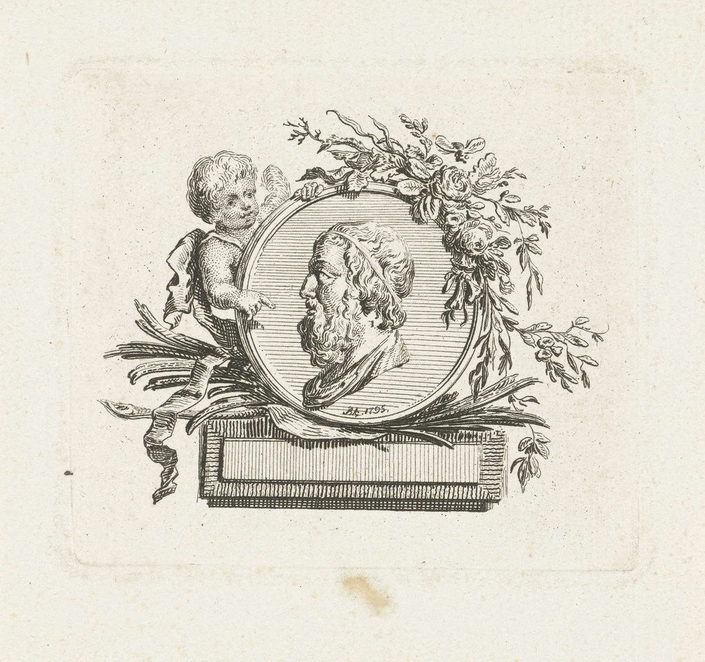 Detail of Bust of Homer on medallion held by angel and decorated with flowers and palm branches by Willem Bilderdijk