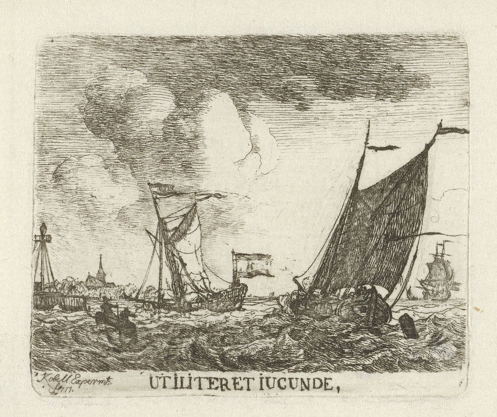 Detail of River View with three sailing on rough water by Hendrik Kobell