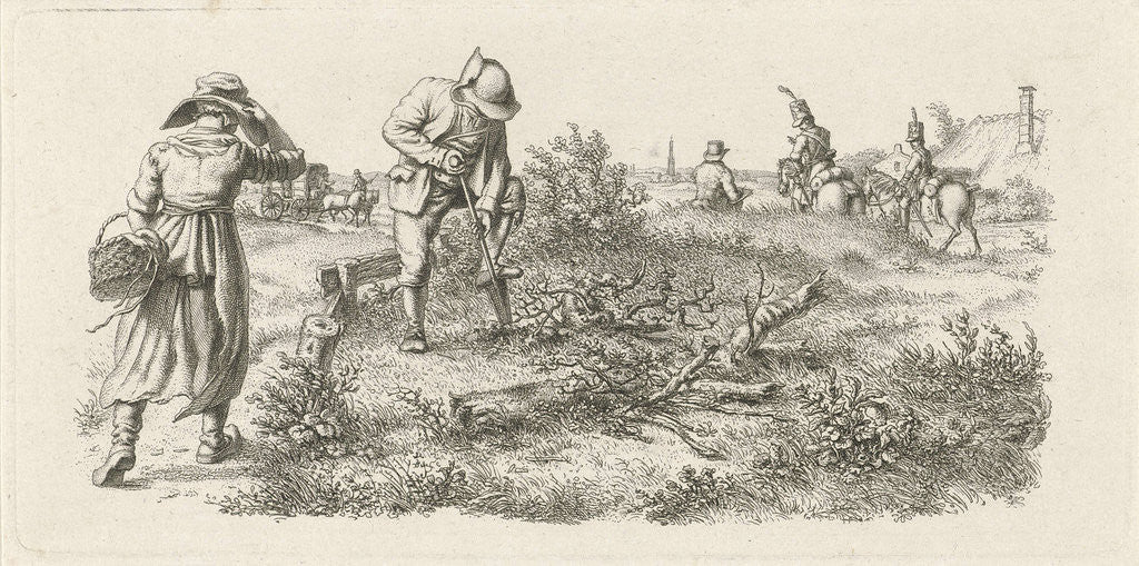 Detail of Digging man, a woman with a basket and soldiers on horseback by Jacob Ernst Marcus
