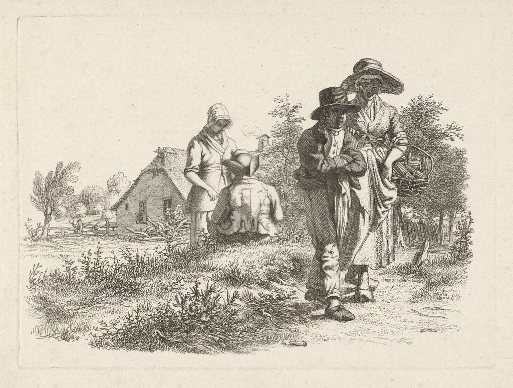 Detail of Blind woman and conversing figures at a farm by Jacob Ernst Marcus