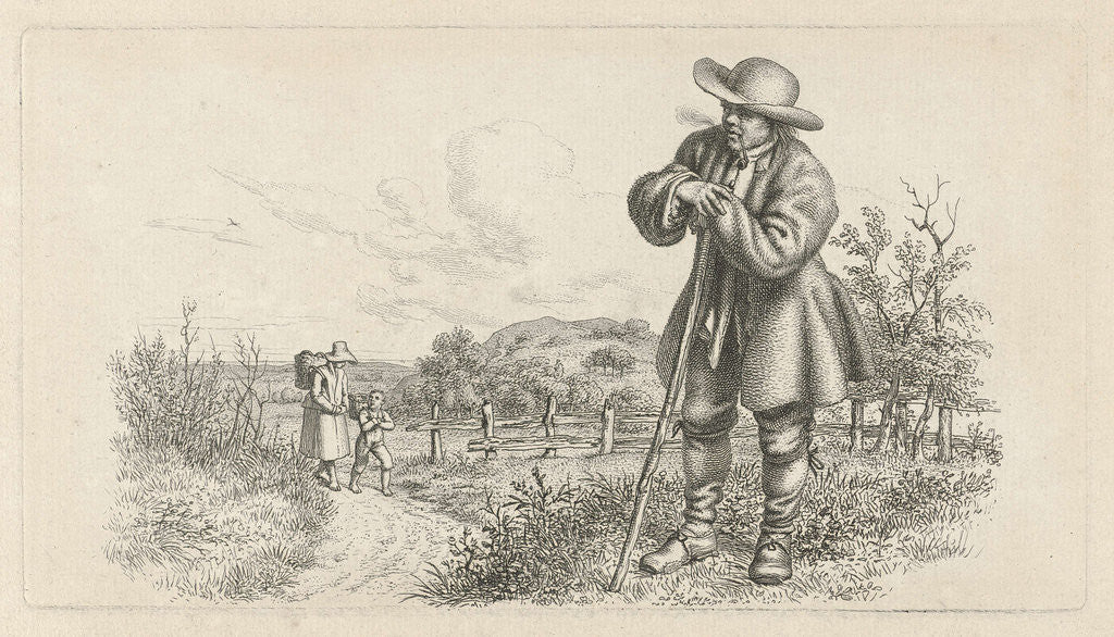 Detail of Man leaning on a stick and a woman with a child on a country road by Jacob Ernst Marcus