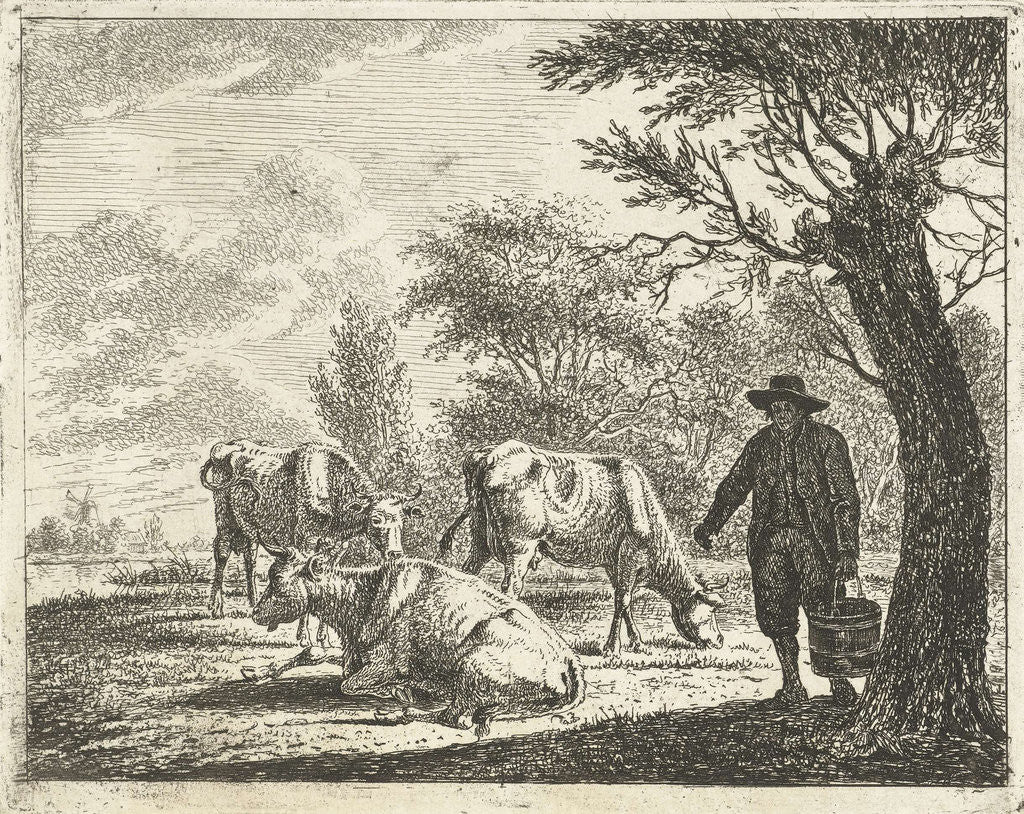 Detail of Meadow Landscape with man bucket with three cows by Cornelis Bisschop