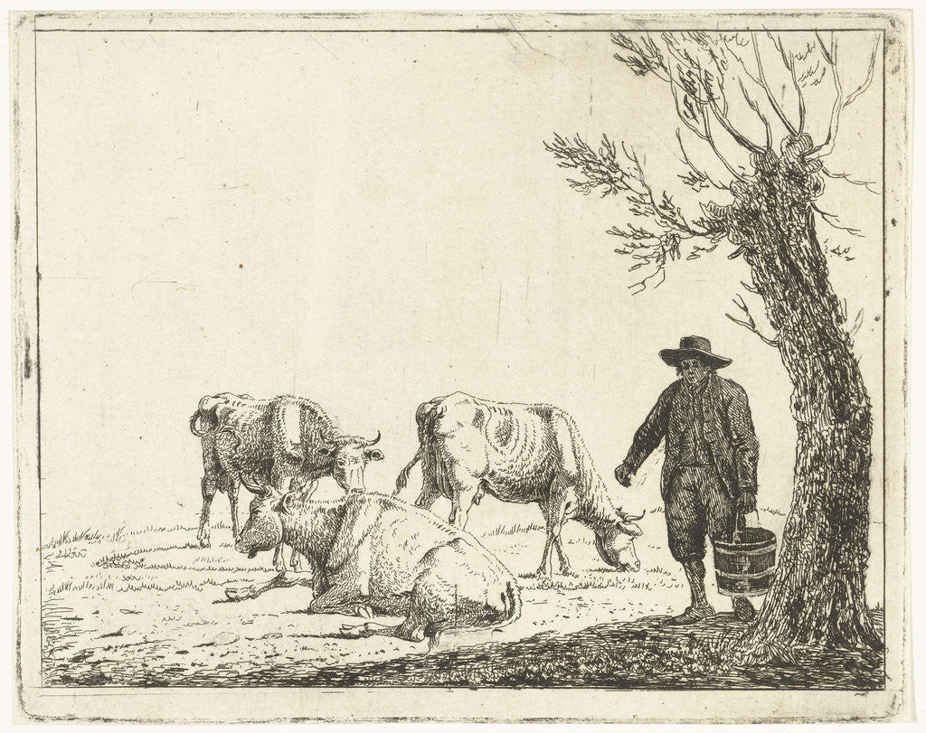 Detail of Meadow Landscape with man bucket with three cows by Cornelis Bisschop