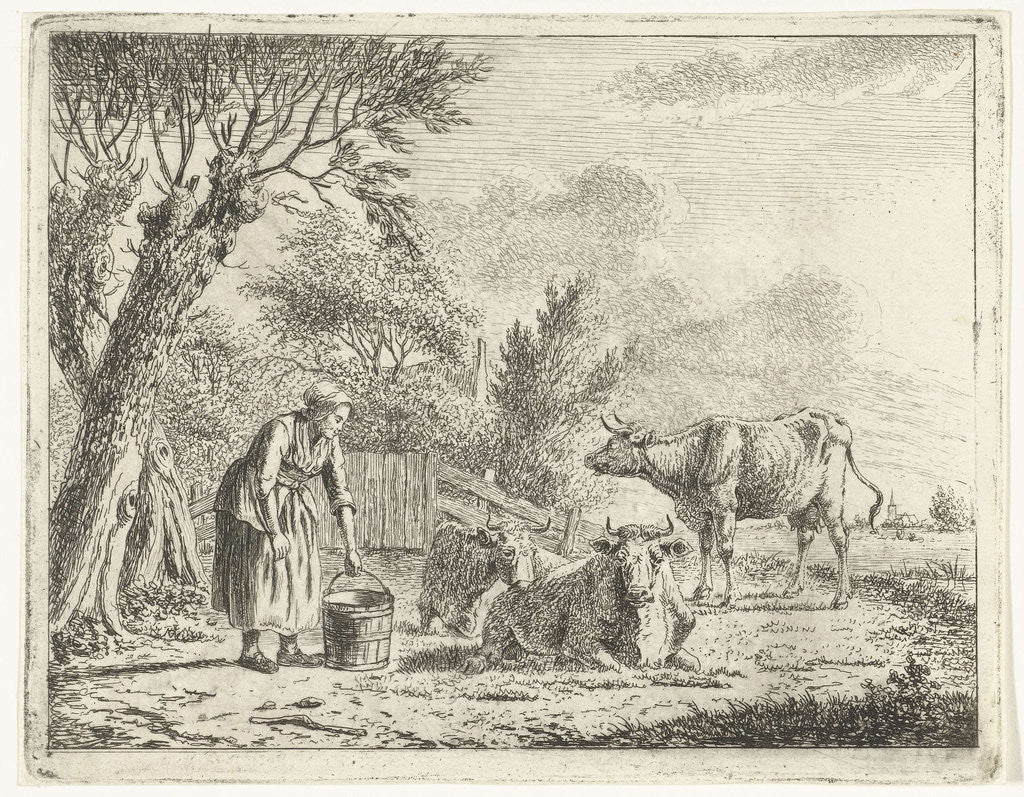 Detail of Landscape with woman with milk bucket and three cows near farm by Cornelis Bisschop
