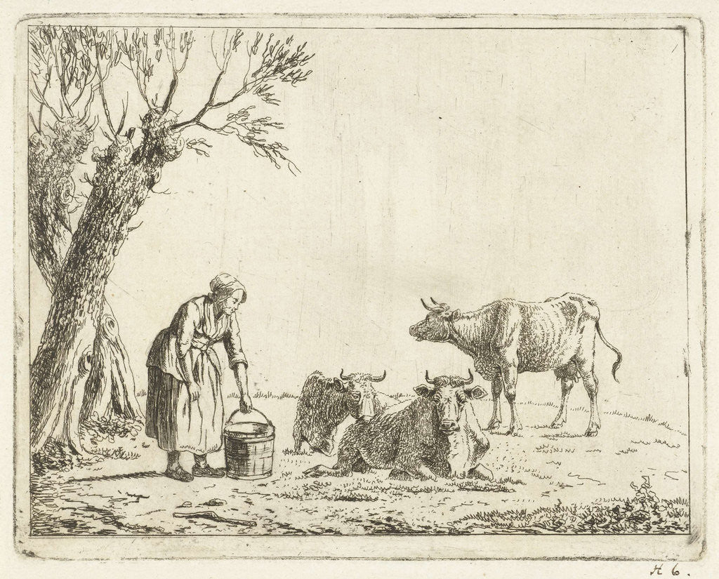 Detail of Landscape with woman with milk bucket with three cows by Cornelis Bisschop
