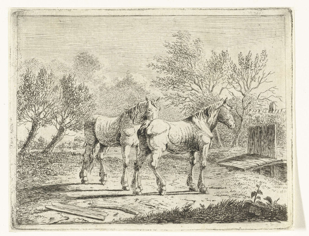 Detail of Meadow Landscape with two horses at bridge and farm by Cornelis Bisschop