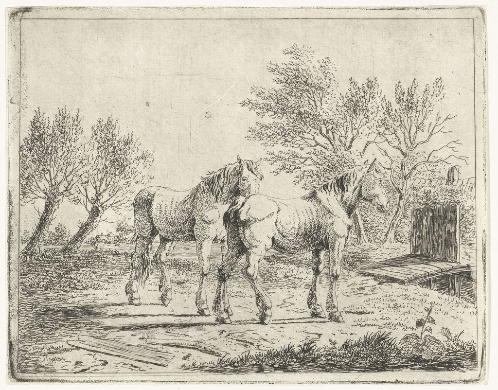 Detail of Meadow Landscape with two horses at bridge and farm by Cornelis Bisschop