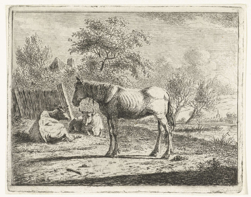 Detail of Landscape with a horse and two cows in farm water by Cornelis Bisschop