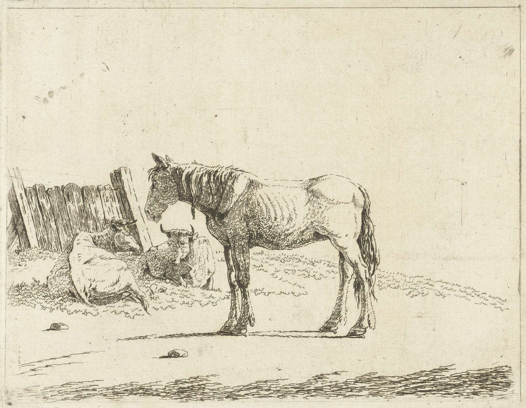 Detail of Landscape with a horse and two cows at fence by Cornelis Bisschop