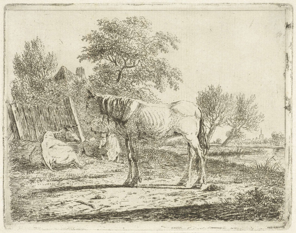 Detail of Landscape with a horse and two cows in farm water by Cornelis Bisschop