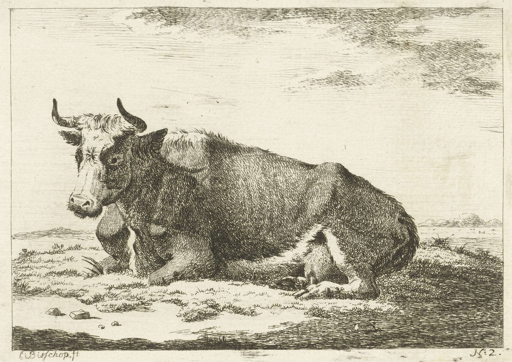 Detail of Landscape with reclining cow with horns by Cornelis Bisschop