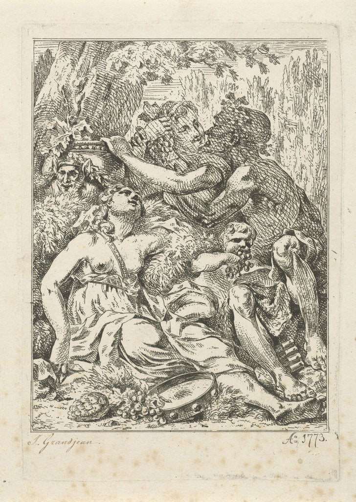 Detail of An orgy with bacchant and two half-naked young women with a putto in the middle by Jean Grandjean
