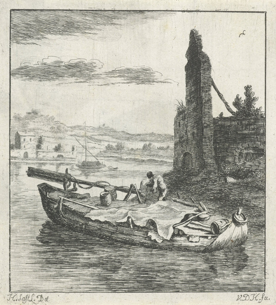 Detail of Rhine view with covered boat by Herman Saftleven