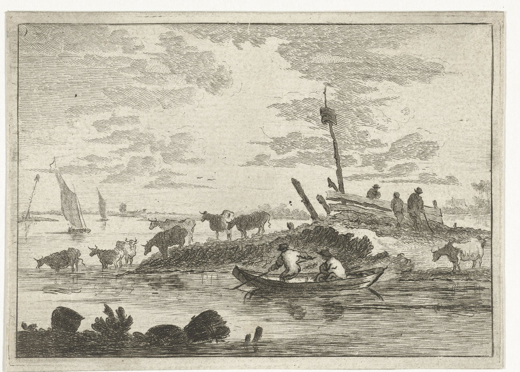 Detail of A herd of cows on the waterfront, some with their feet in the river by Anthonij van der Haer