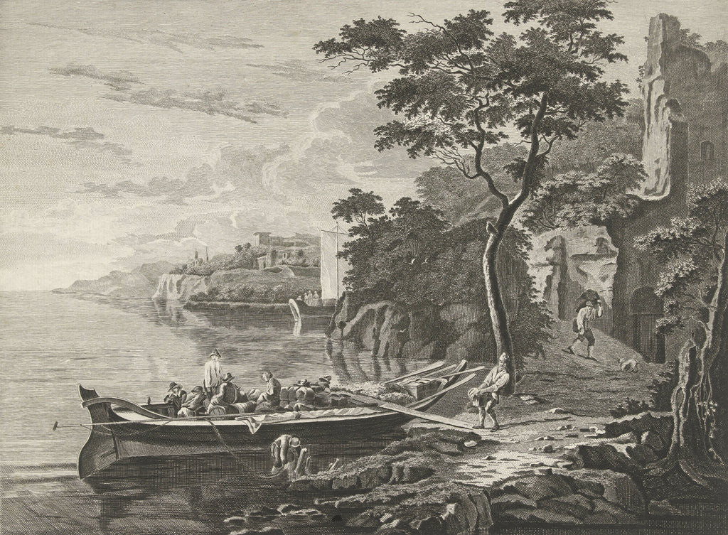 Detail of Figures on a barge in a mountain landscape by Anthonij van der Haer